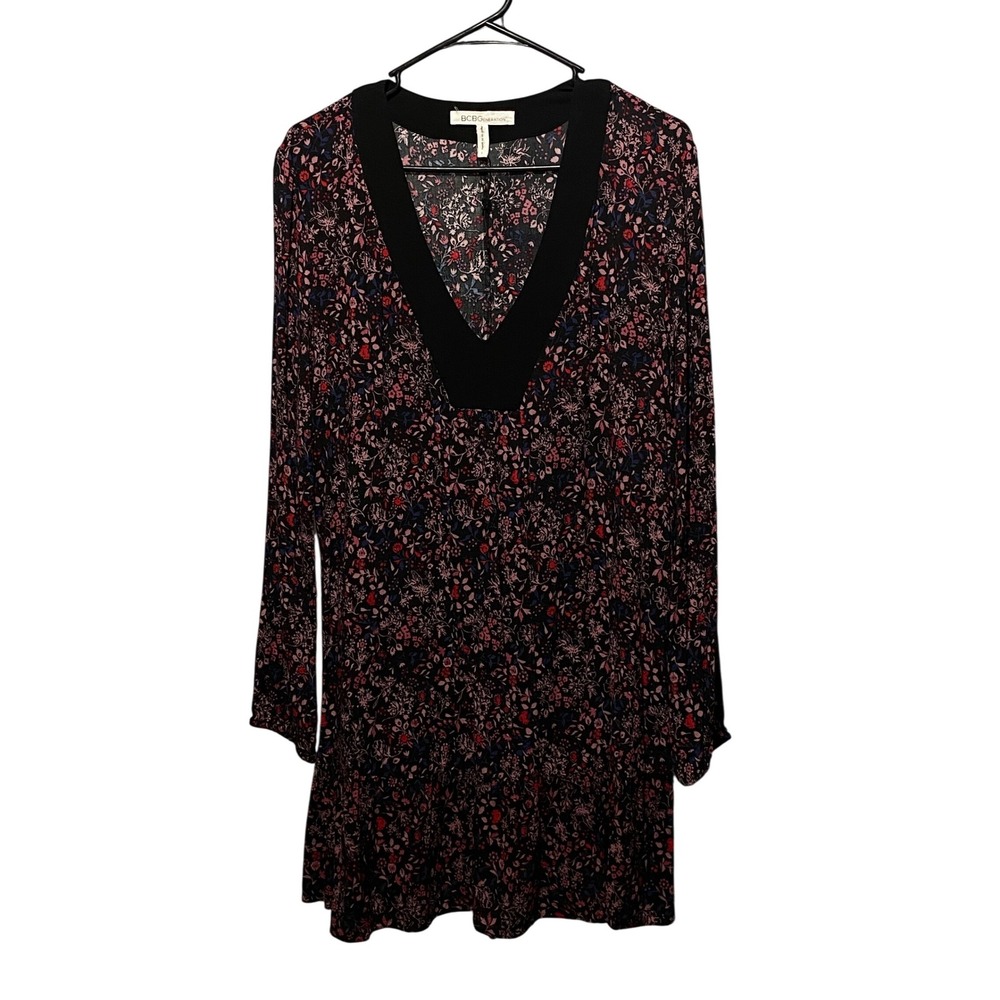 BCBGeneration Womens LG Floral V-Neck Long Sleeve Ruffle Mini Dress Black Pink
